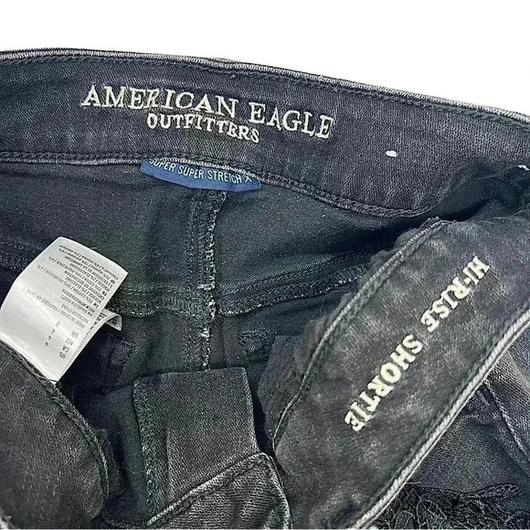 {AE American Eagle} "Hi-Rise Shortie" Lace Front Cutoff Frayed Hem Denim Shorts - Picture 3 of 4